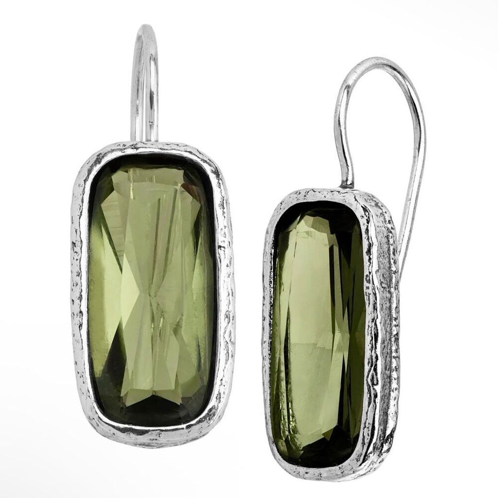 Silpada Sterling Silver Green Gemstone Drop Dangle Earrings Textured Frame Boho
